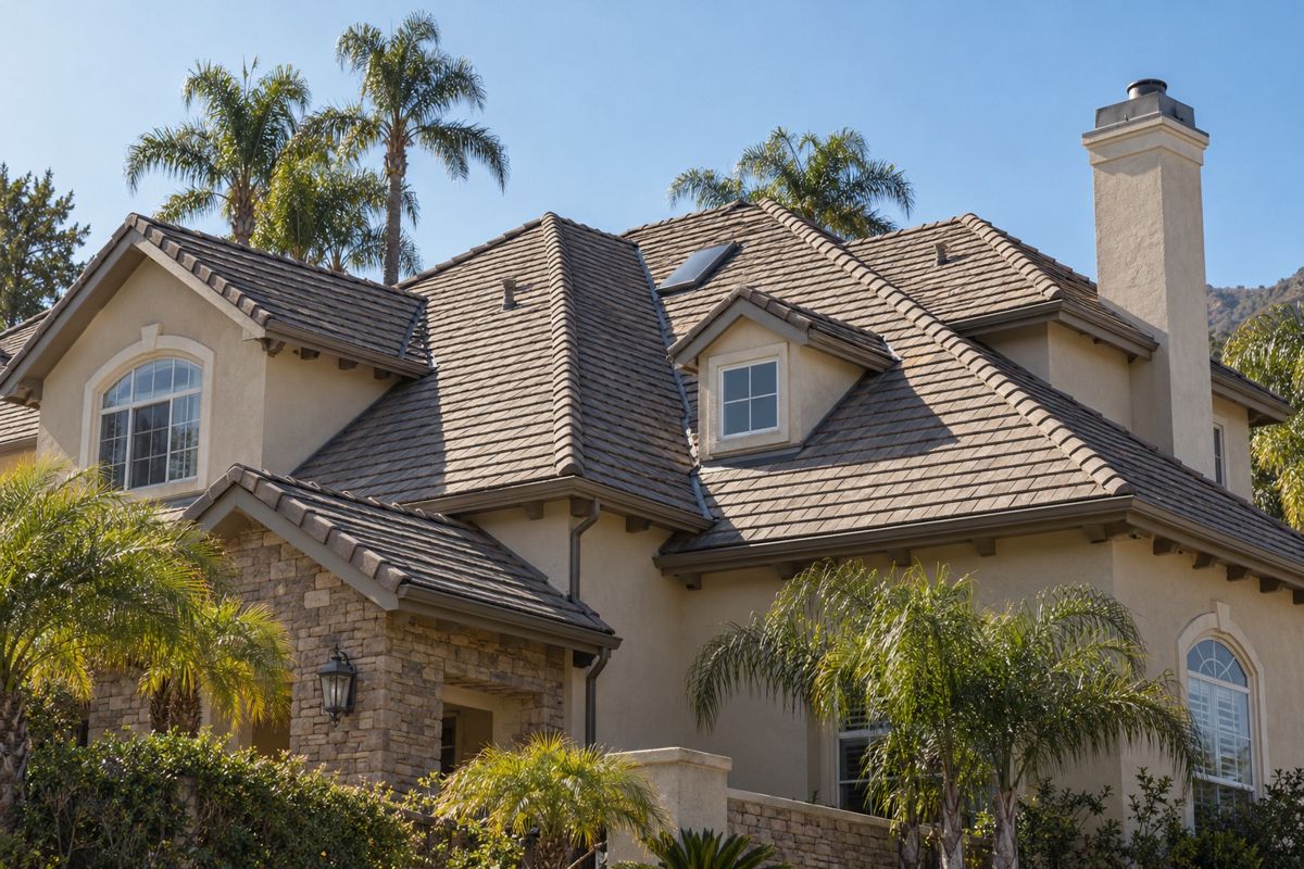 Complex roof with valleys, chimney and skylight on a large home
