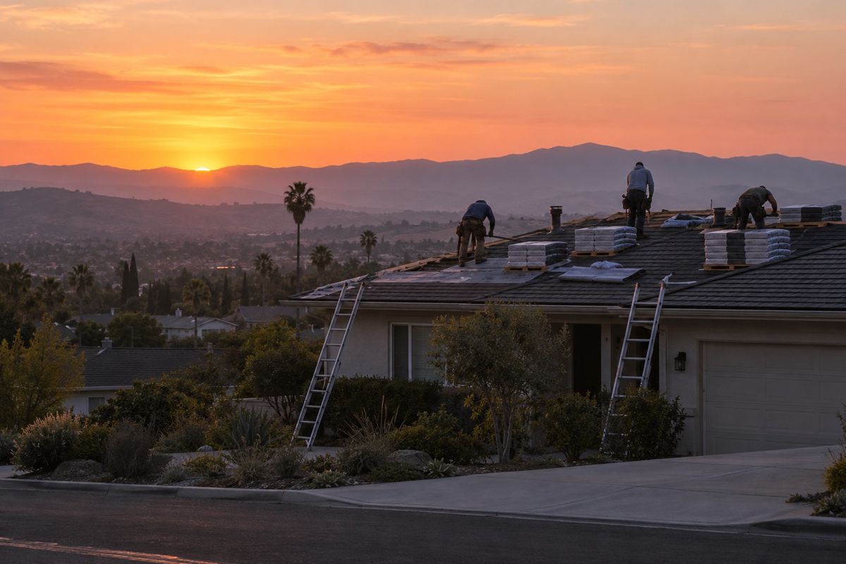 Roofing crew starting work at sunrise on a house roof
