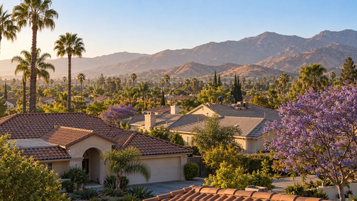 Tile roofs on stucco homes in a Riverside neighborhood at sunrise