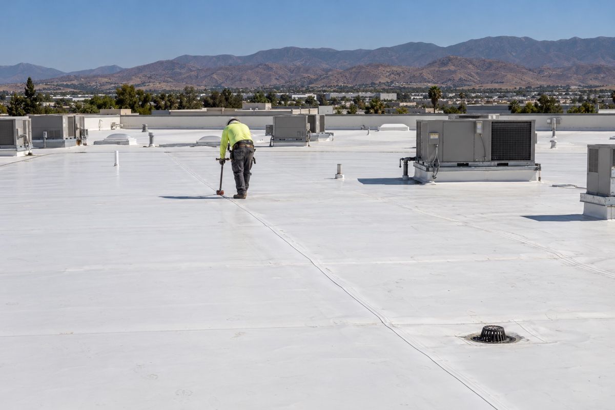 Roofer rolling seams on a flat white commercial roof