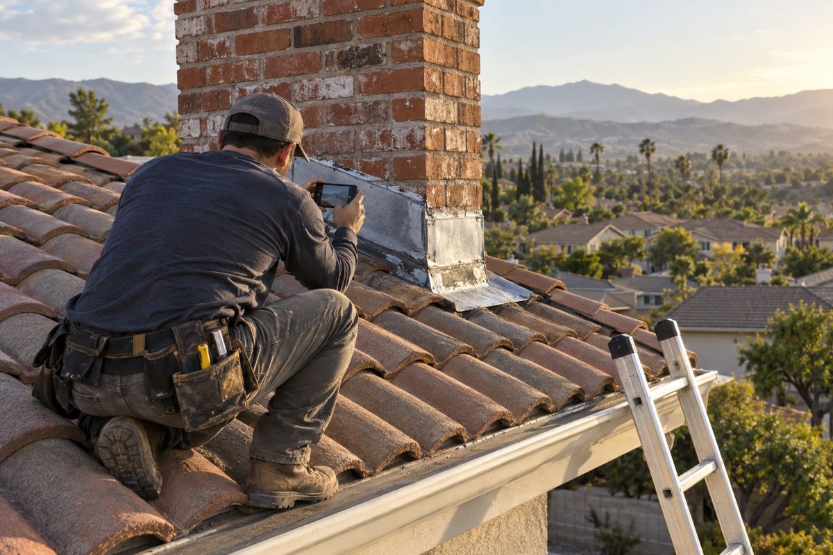 Roofer photographing chimney flashing during a roof inspection