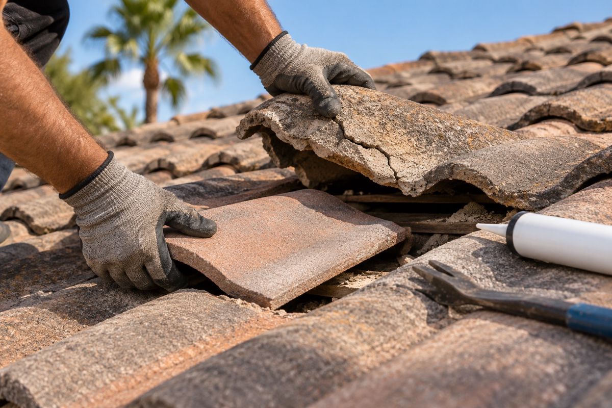 Gloved hands replacing a cracked concrete roof tile