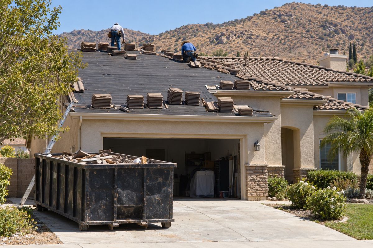 Roof partly stripped and re-covered with underlayment on a stucco home