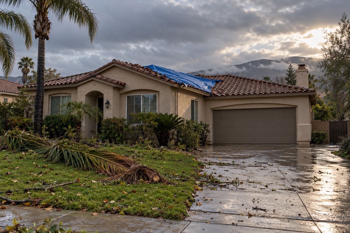 Tarp covering a storm-damaged section of a tile roof after rain